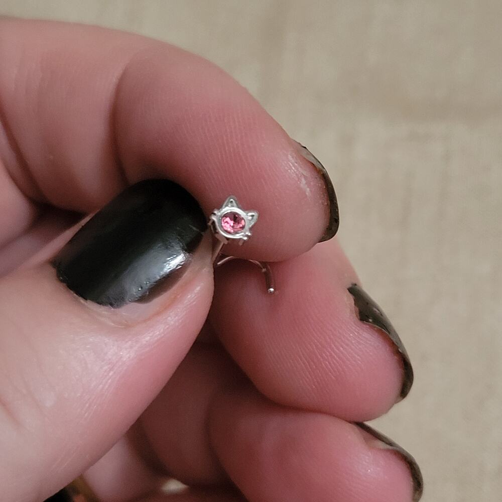 Cat shaped pink crystal stainless steel 20 gauge (0.8mm) nose ring piercing